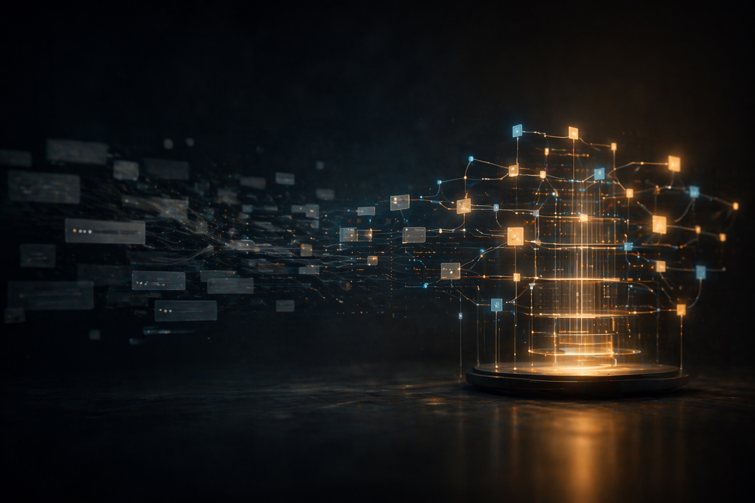 computer windows floating around a memory core structure