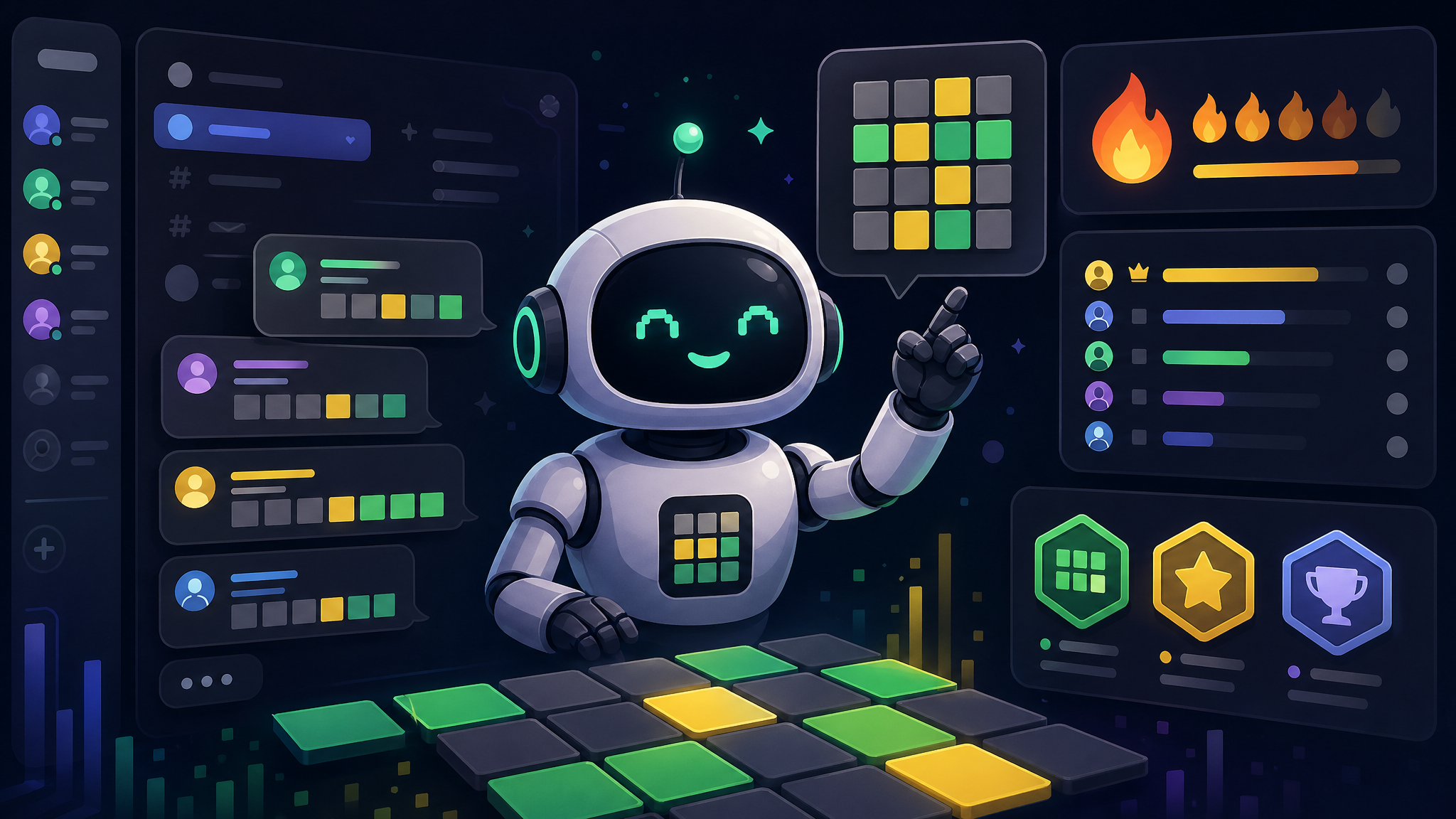 Illustrated WordleBot cover showing puzzle tiles, chat-style bot context, and achievement tracking motifs
